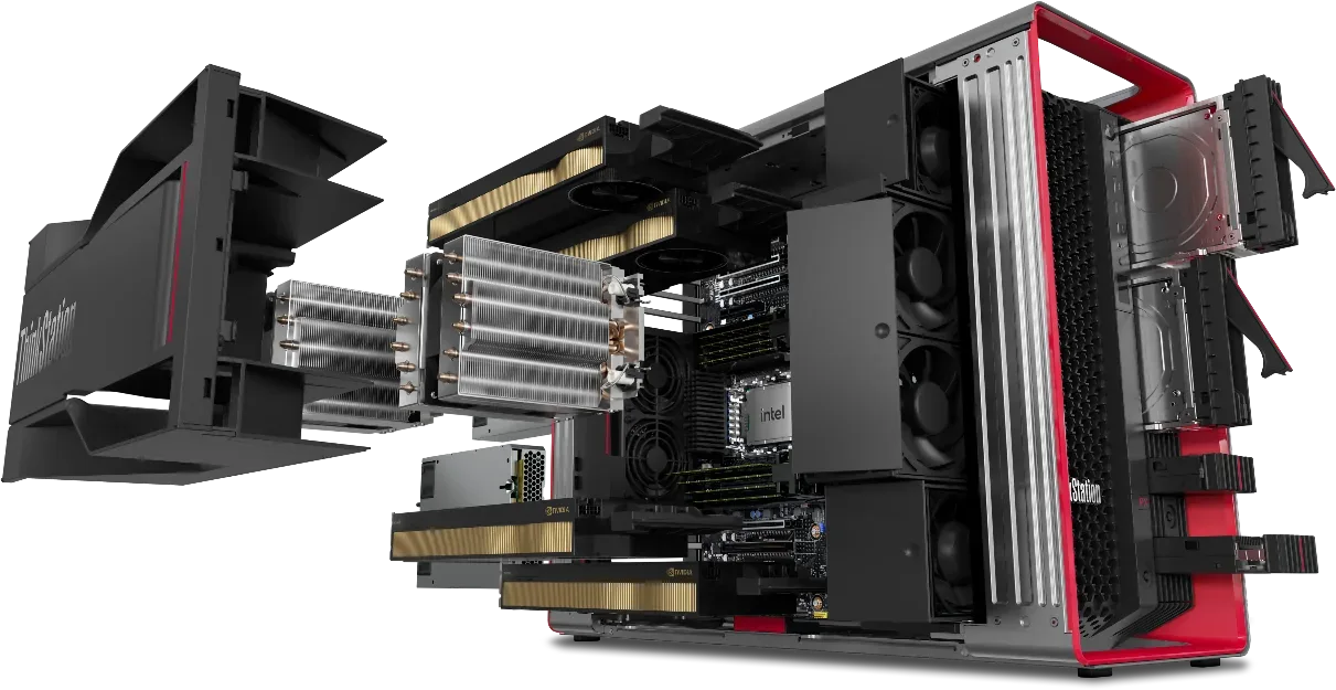 Išardytas ThinkStation P Series korpuso vaizdas, rodantis GPU, aušinimą ir diskų lizdus