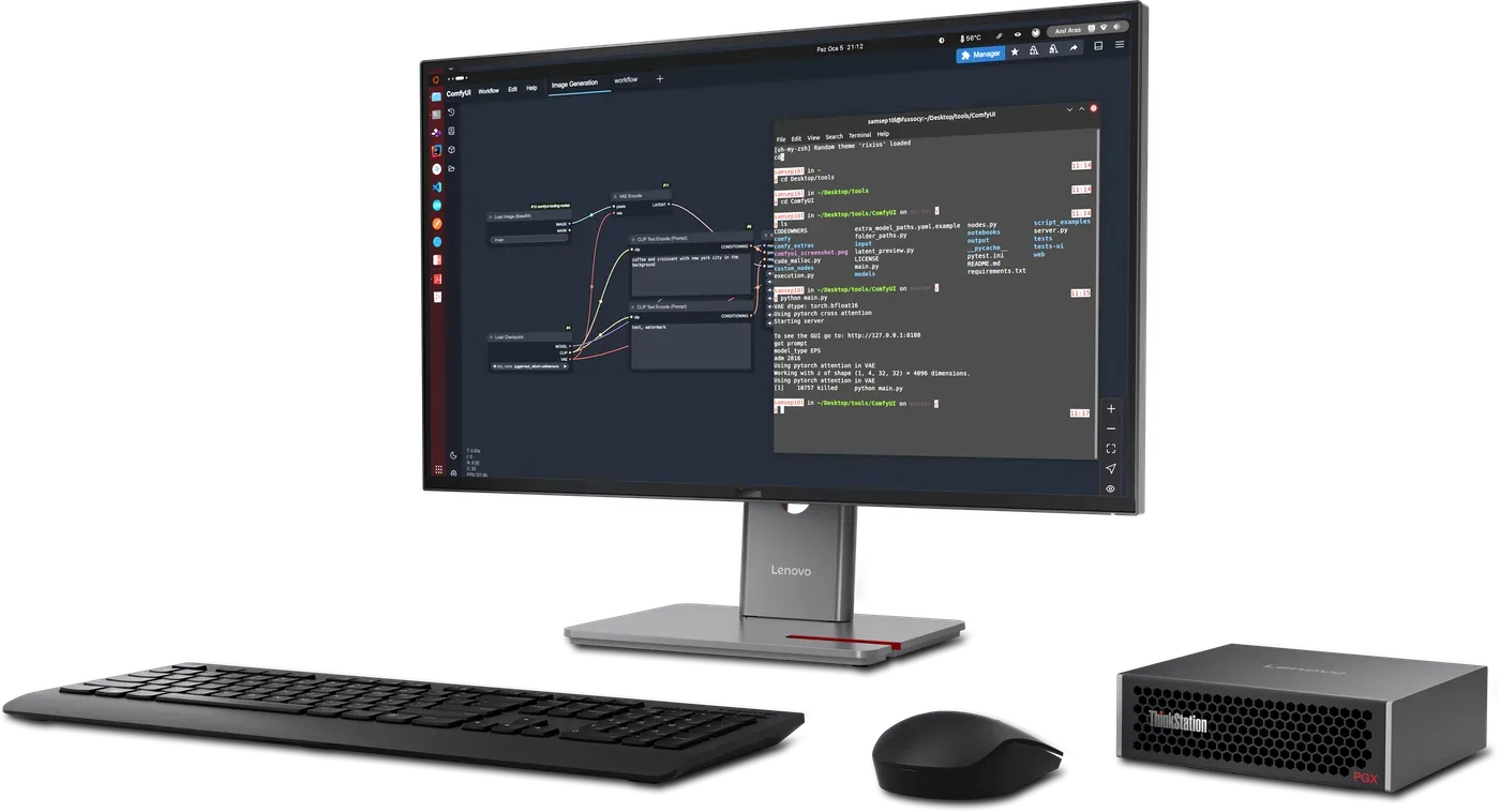 ThinkStation PGX su ThinkVision monitoriumi, klaviatūra ir pele